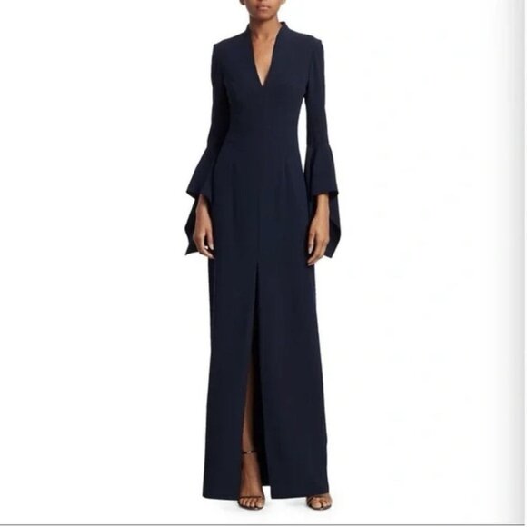Halston Flounce Sleeve Crepe Gown Dress Maxi Navy Blue Size 14 Retail $425 - Picture 2 of 11